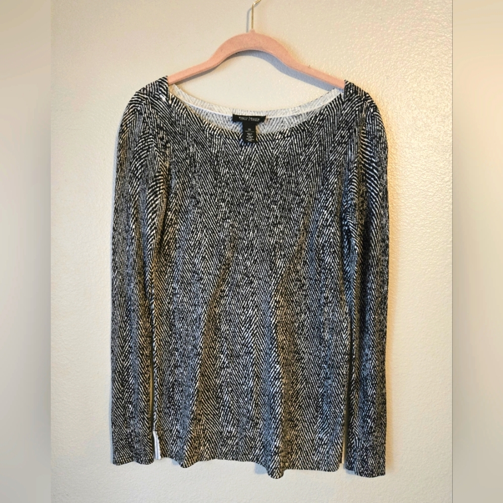 Black and White Patterned Long Sleeve Blouse, Lightweight Material, Size XS